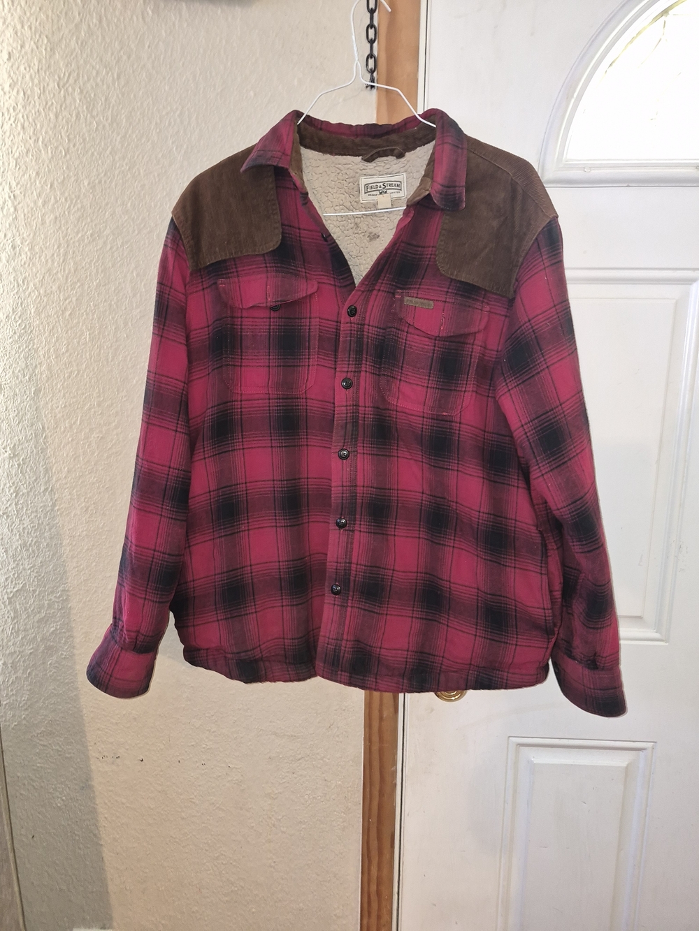 Field & Stream Pink Plaid Utility Jacket with Brown Shoulder Yoke